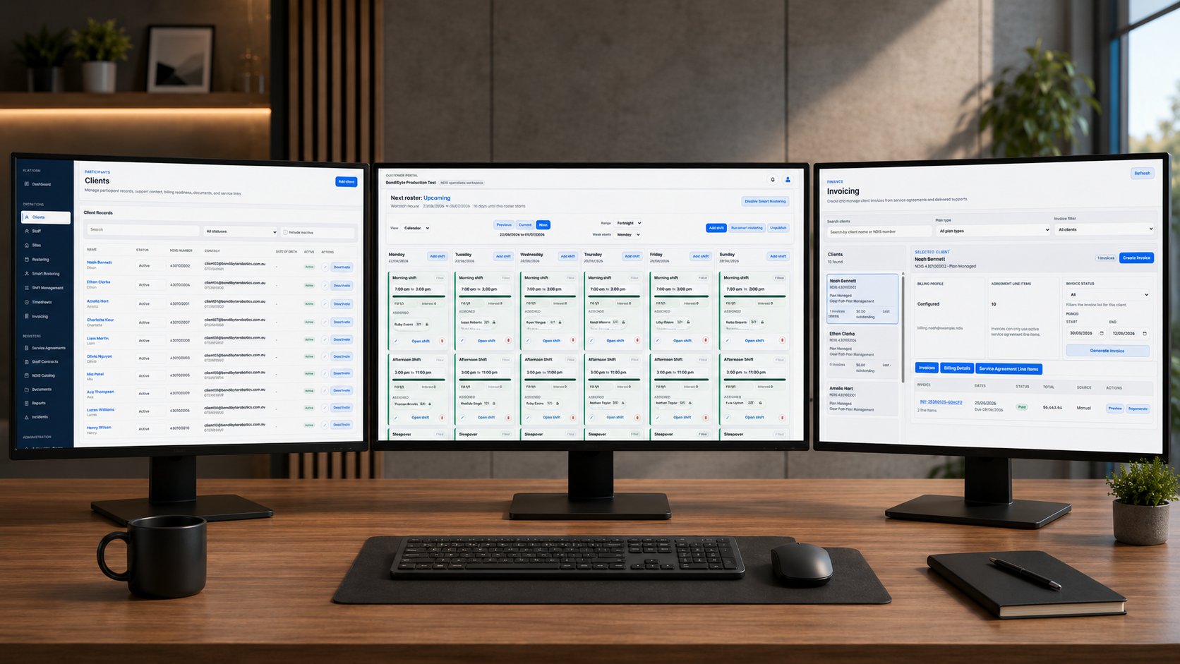 Three monitors showing BondiByte client records, rostering, and invoicing screens