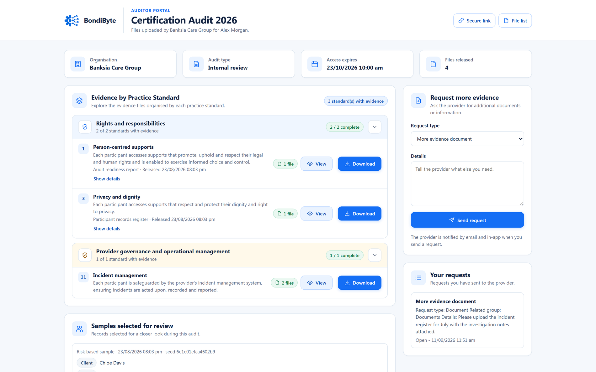 The BondiByte auditor portal: evidence grouped by NDIS Practice Standard with view and download actions, session summary cards, and a request-more-evidence panel (demo data)