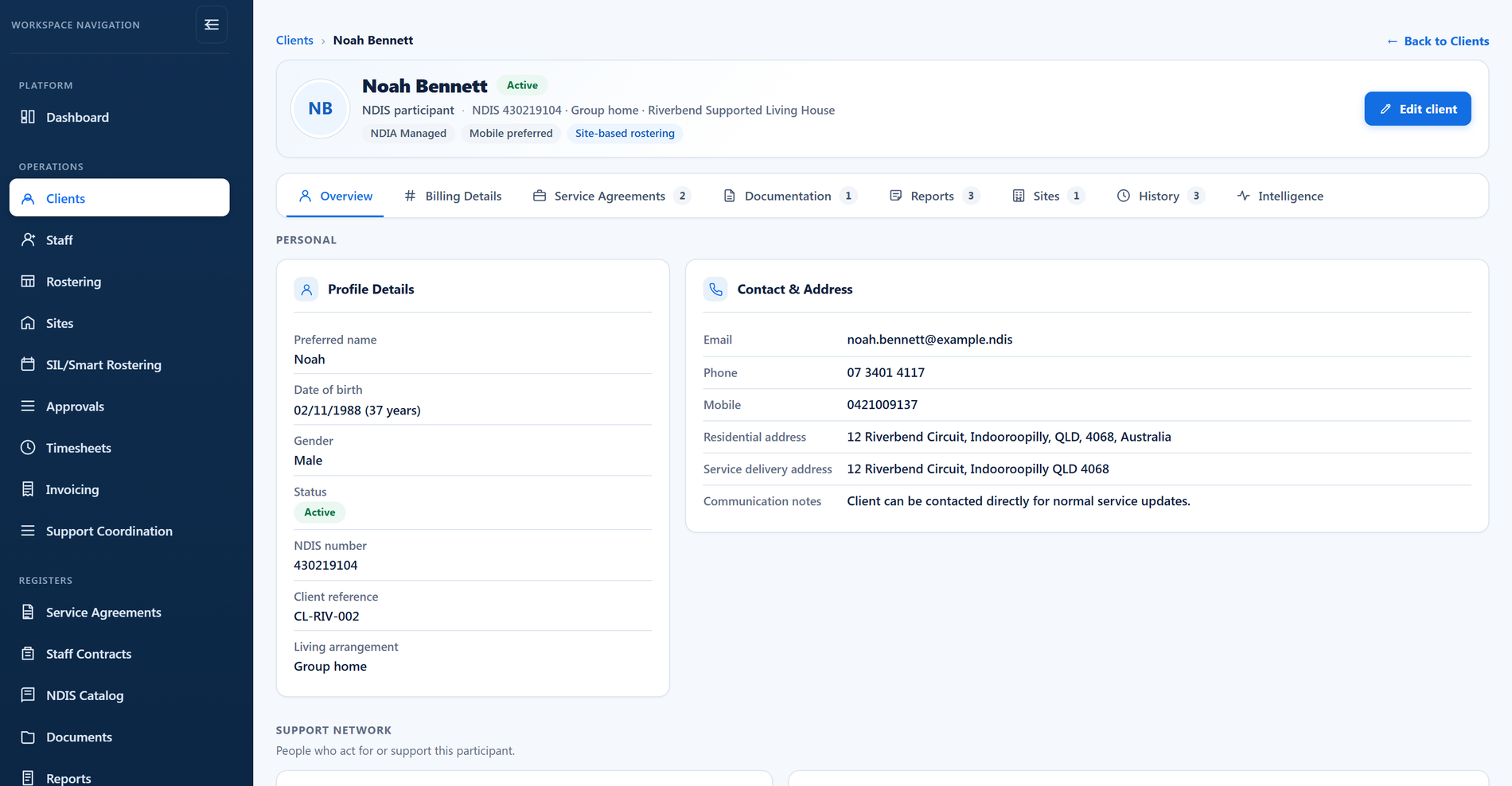 A participant record in BondiByte: profile, contact and address, and tabs for billing, service agreements, documentation, reports, sites and history (demo data)