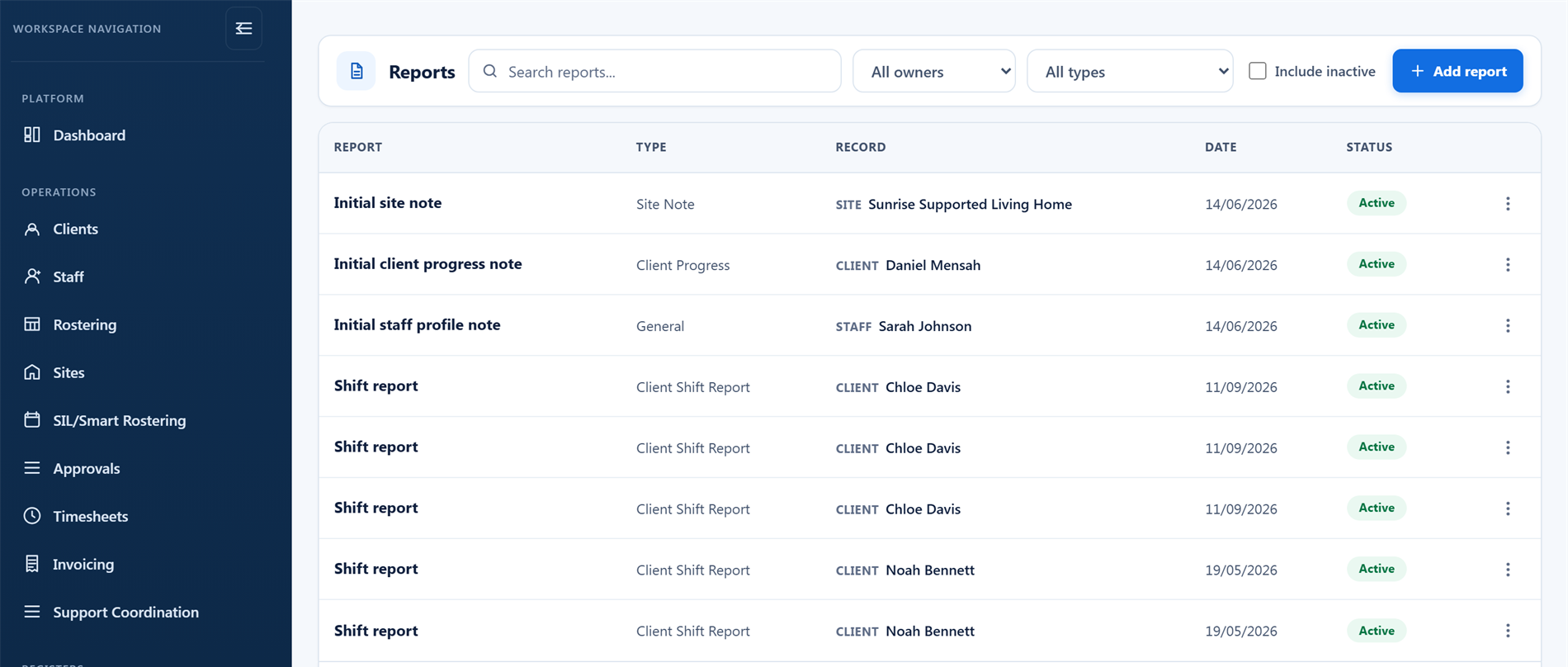 The BondiByte Reports register listing site notes, client progress notes and shift reports, each typed and attached to the participant, staff member or site it concerns (demo data)