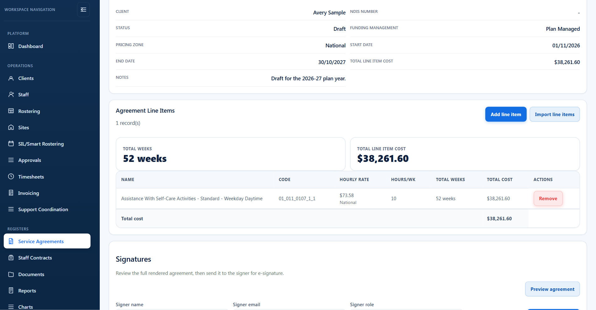 A service agreement in BondiByte: client, funding management, dates, funded support line items with hourly rates and totals, and the signatures section (demo data)