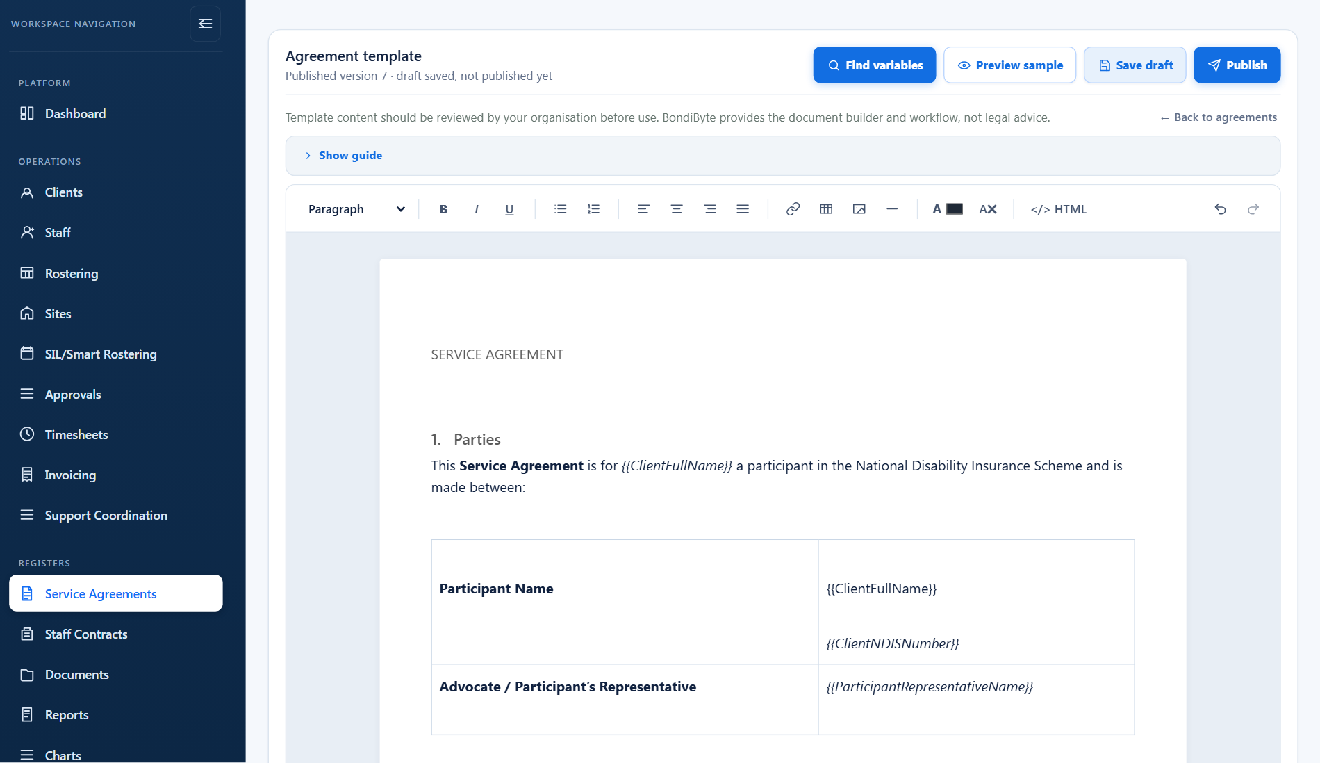 The BondiByte Service Agreement Builder: a rich-text agreement template with auto-filled variables for client and NDIS details, and Find variables, Preview sample, Save draft and Publish actions (demo data)