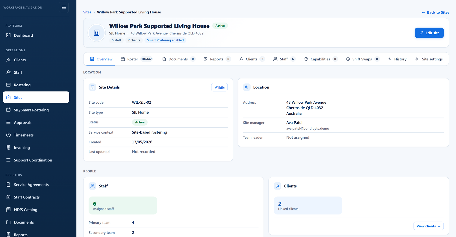 A site record in BondiByte: Willow Park Supported Living House with its team, linked clients, site manager, and tabs for roster, documents, capabilities and settings (demo data)