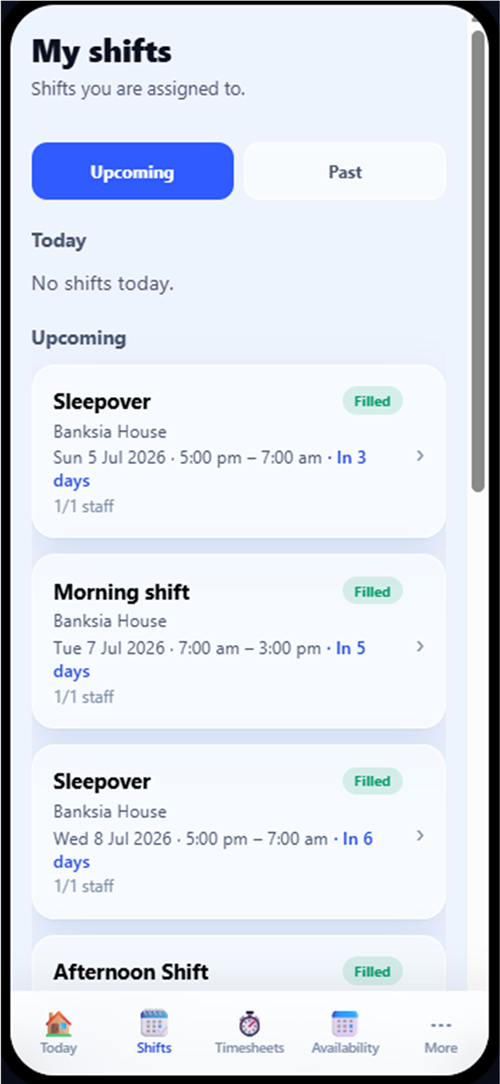 BondiByte staff app showing a staff member's upcoming shifts