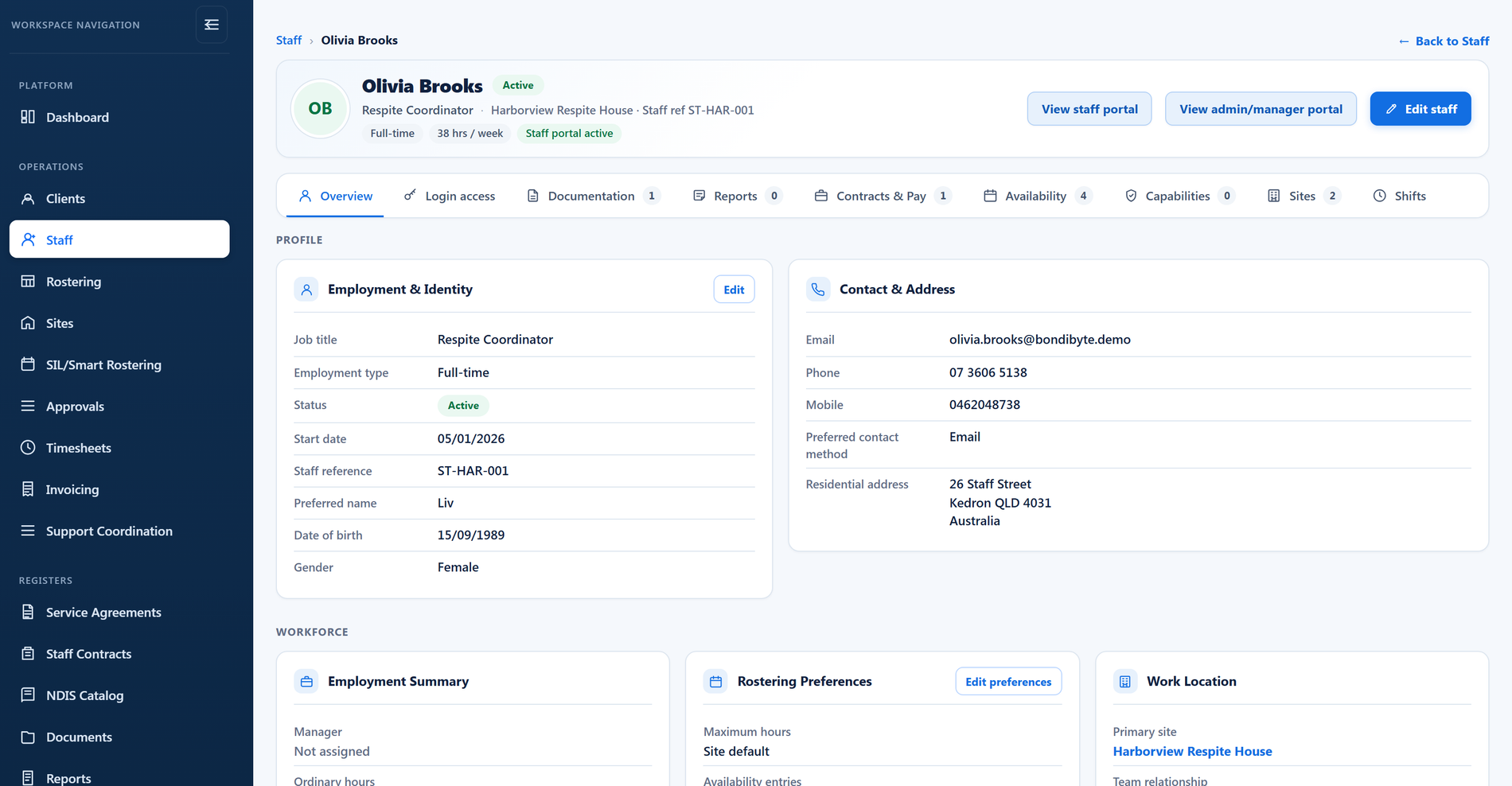 A staff profile in BondiByte: employment and identity, contact details, and tabs for documentation, contracts and pay, availability, capabilities, sites and shifts (demo data)