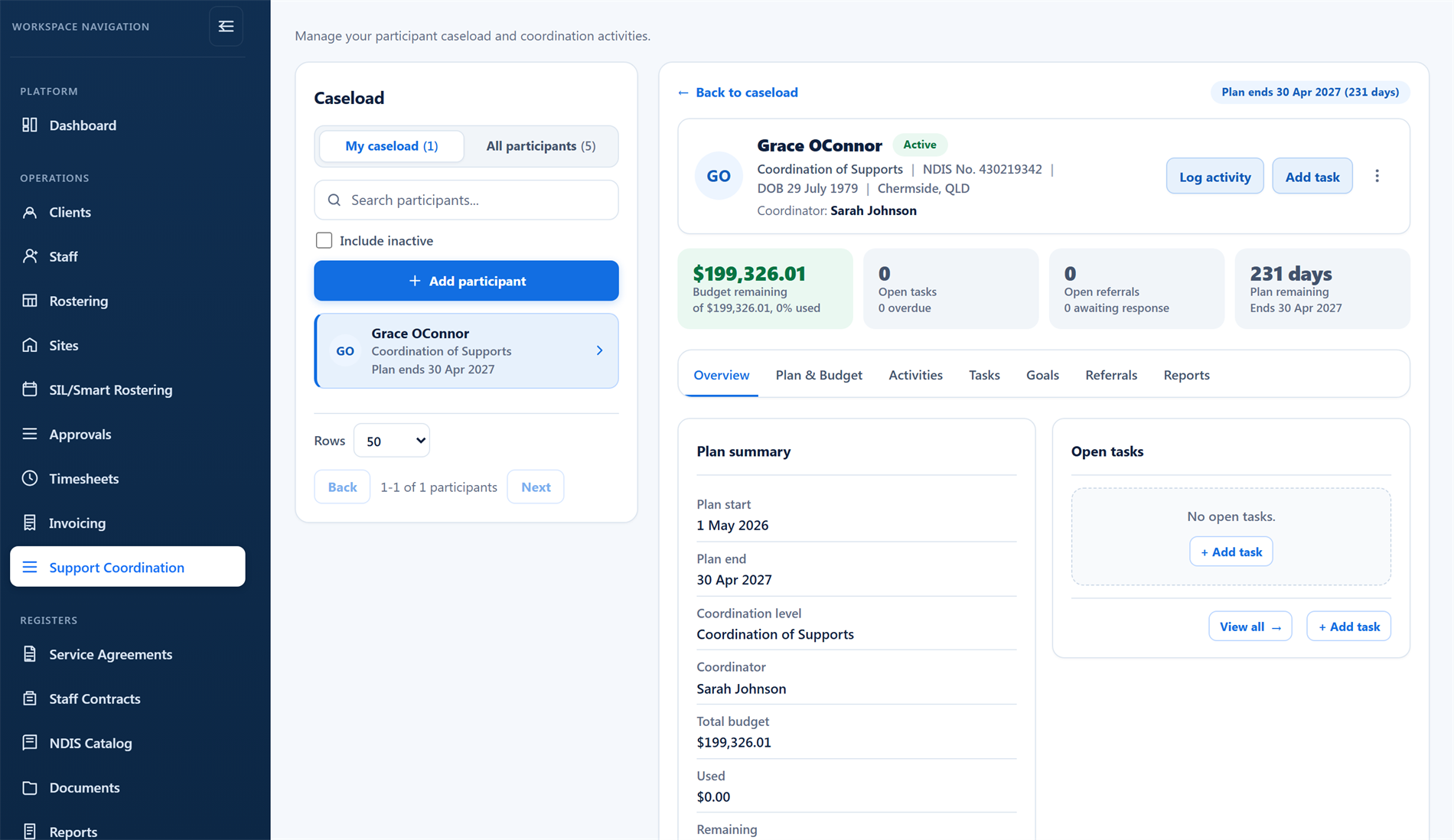 The BondiByte Support Coordination workspace showing a caseload, a participant's plan summary, budget remaining and open tasks (demo data)