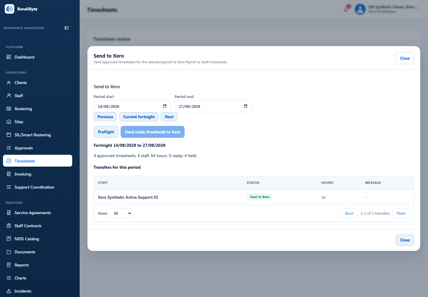 The Send to Xero panel in BondiByte Timesheets, showing the selected fortnight, a Preflight summary of approved timesheets and hours, and the transfer register with a Sent to Xero status